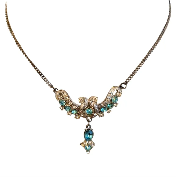 VINTAGE 1940 Silver Necklace Blue Clear Rhinestones Choker - Picture 9 of 12